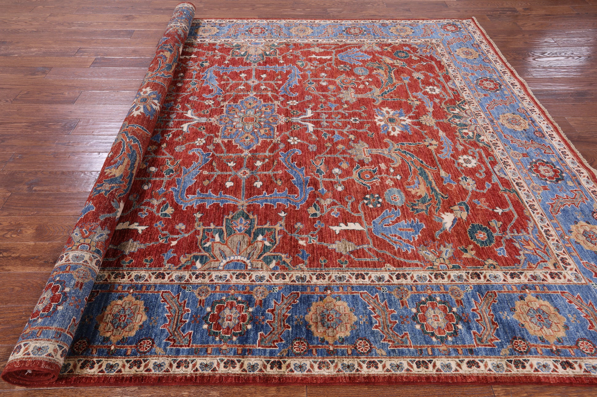 Red Persian Fine Serapi Hand Knotted Wool Rug - 8' 2" X 9' 10" - Golden Nile