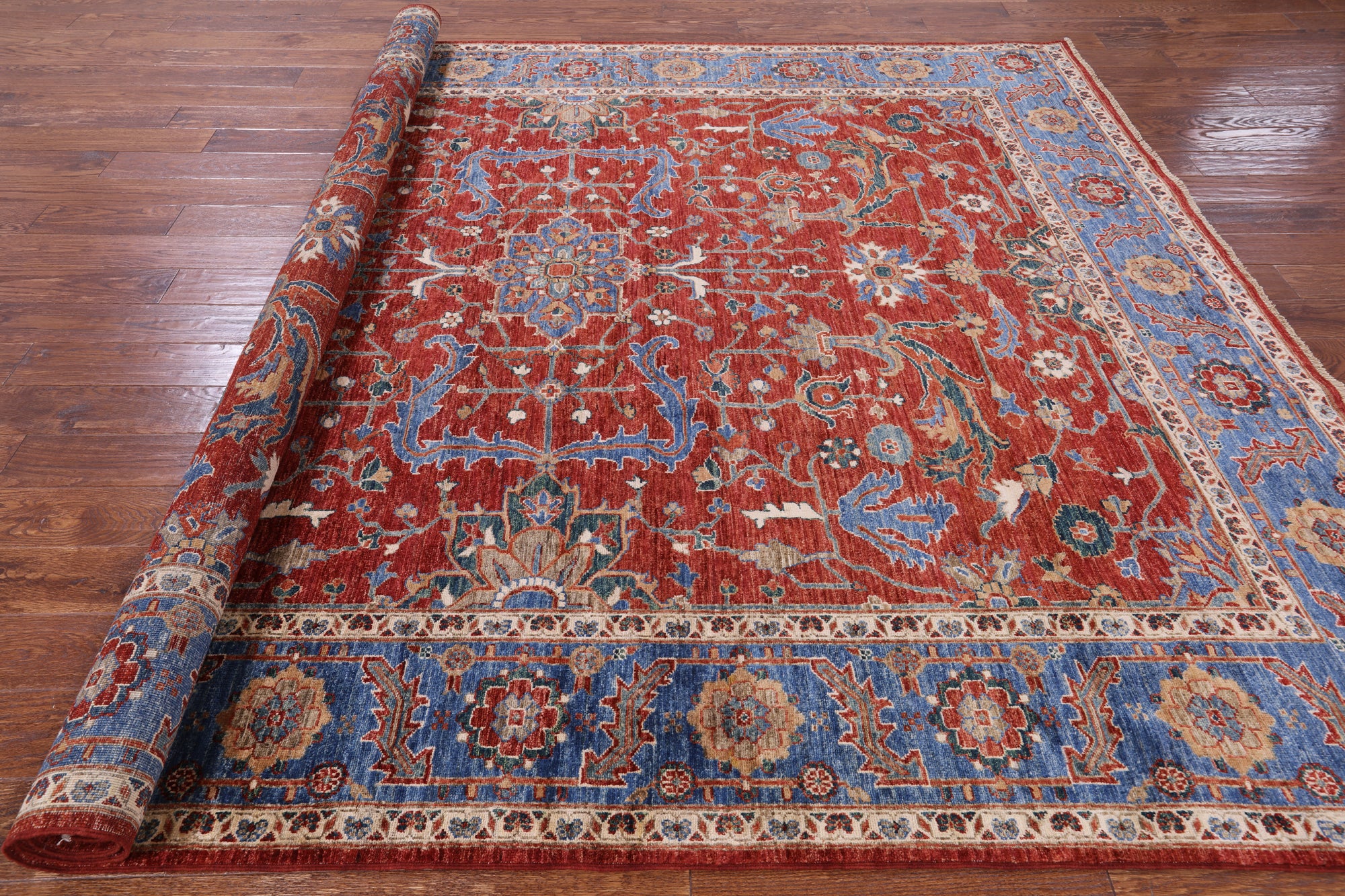 Red Persian Fine Serapi Hand Knotted Wool Rug - 8' 2" X 9' 10" - Golden Nile