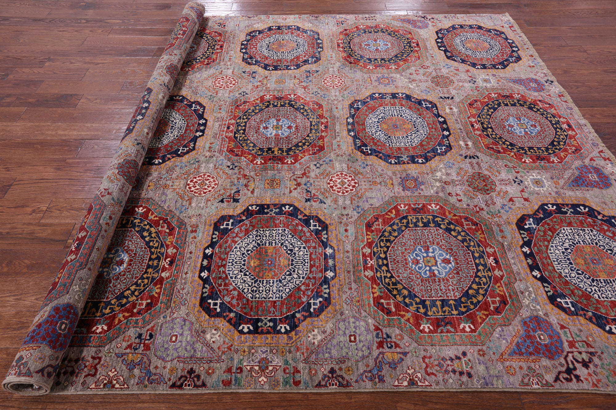 Geometric Persian Mamluk Hand Knotted Wool Rug - 8' 1" X 9' 7" - Golden Nile