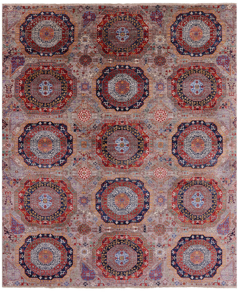 Geometric Persian Mamluk Hand Knotted Wool Rug - 8' 1" X 9' 7" - Golden Nile