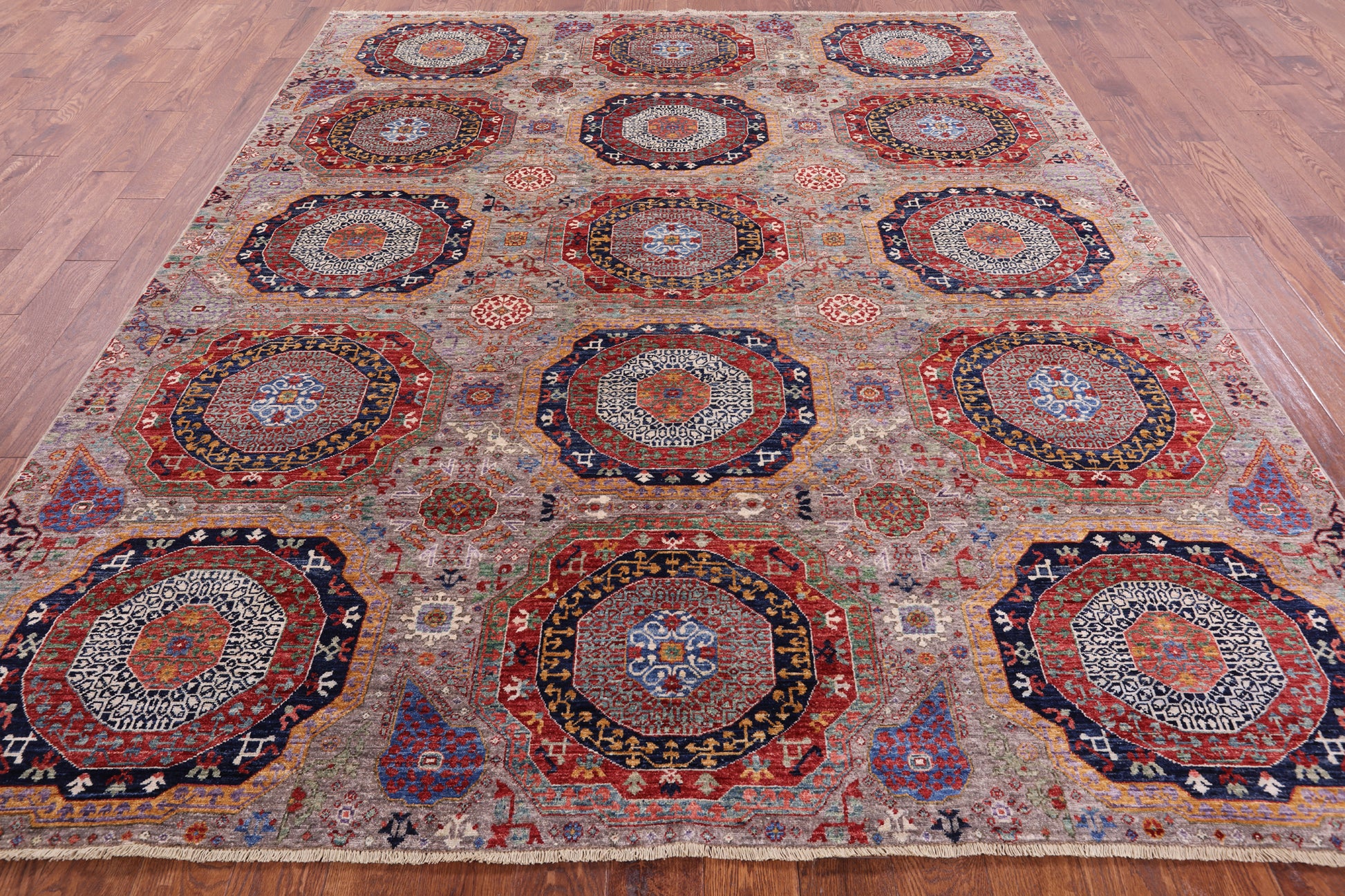 Geometric Persian Mamluk Hand Knotted Wool Rug - 8' 1" X 9' 7" - Golden Nile