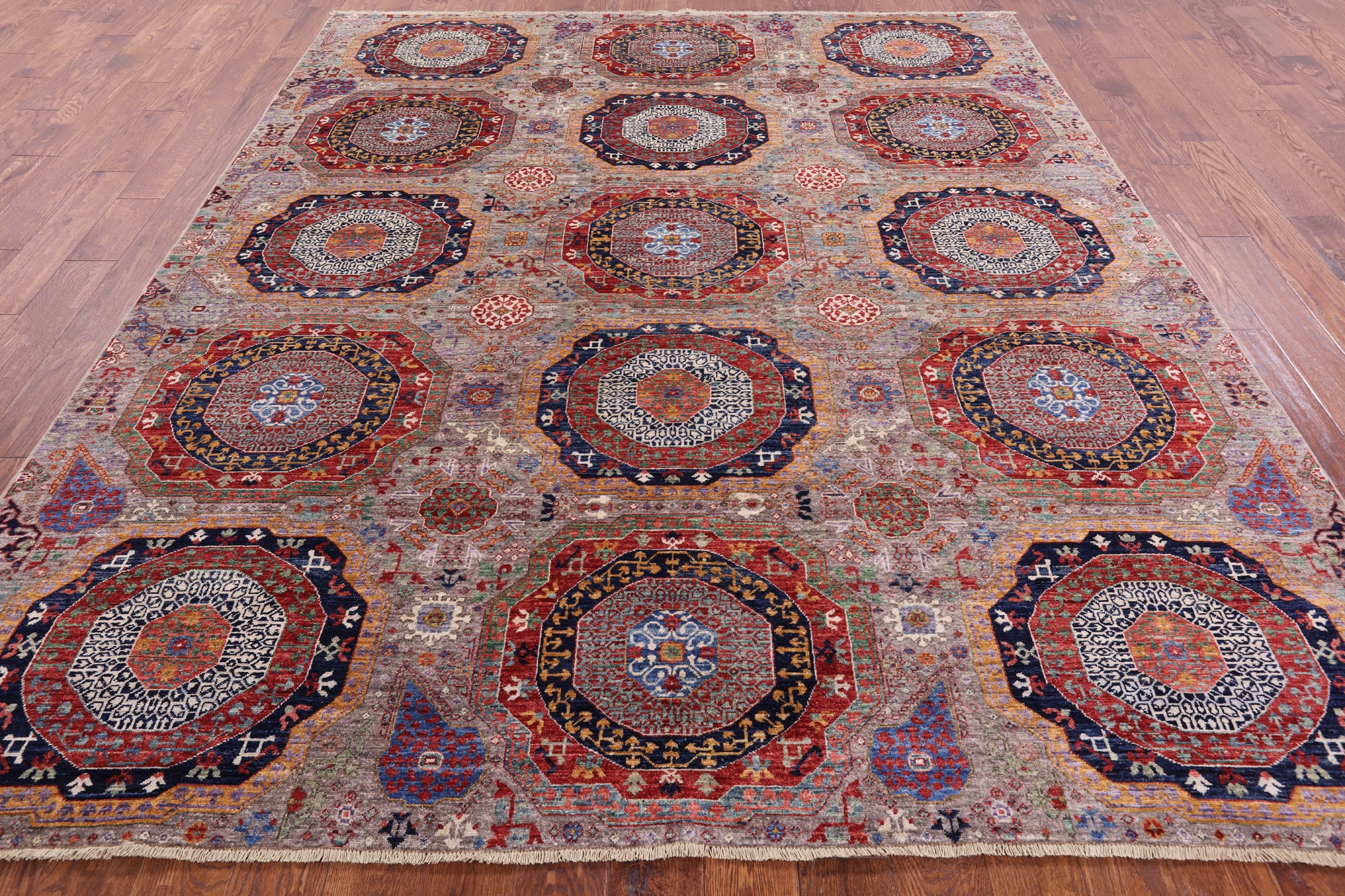 Geometric Persian Mamluk Hand Knotted Wool Rug - 8' 1" X 9' 7" - Golden Nile