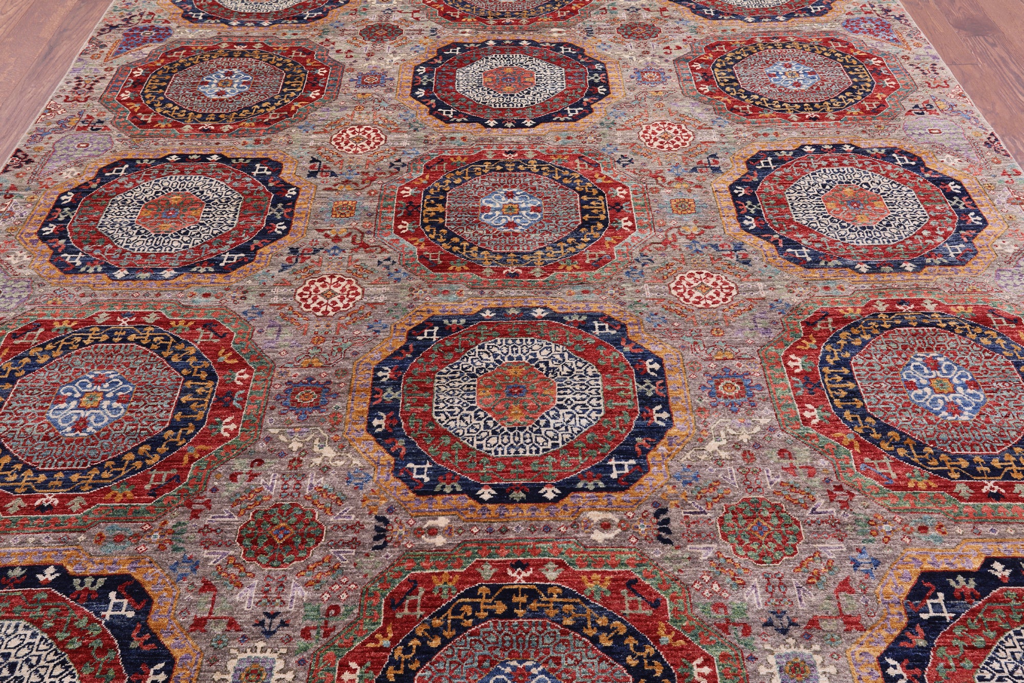 Geometric Persian Mamluk Hand Knotted Wool Rug - 8' 1" X 9' 7" - Golden Nile