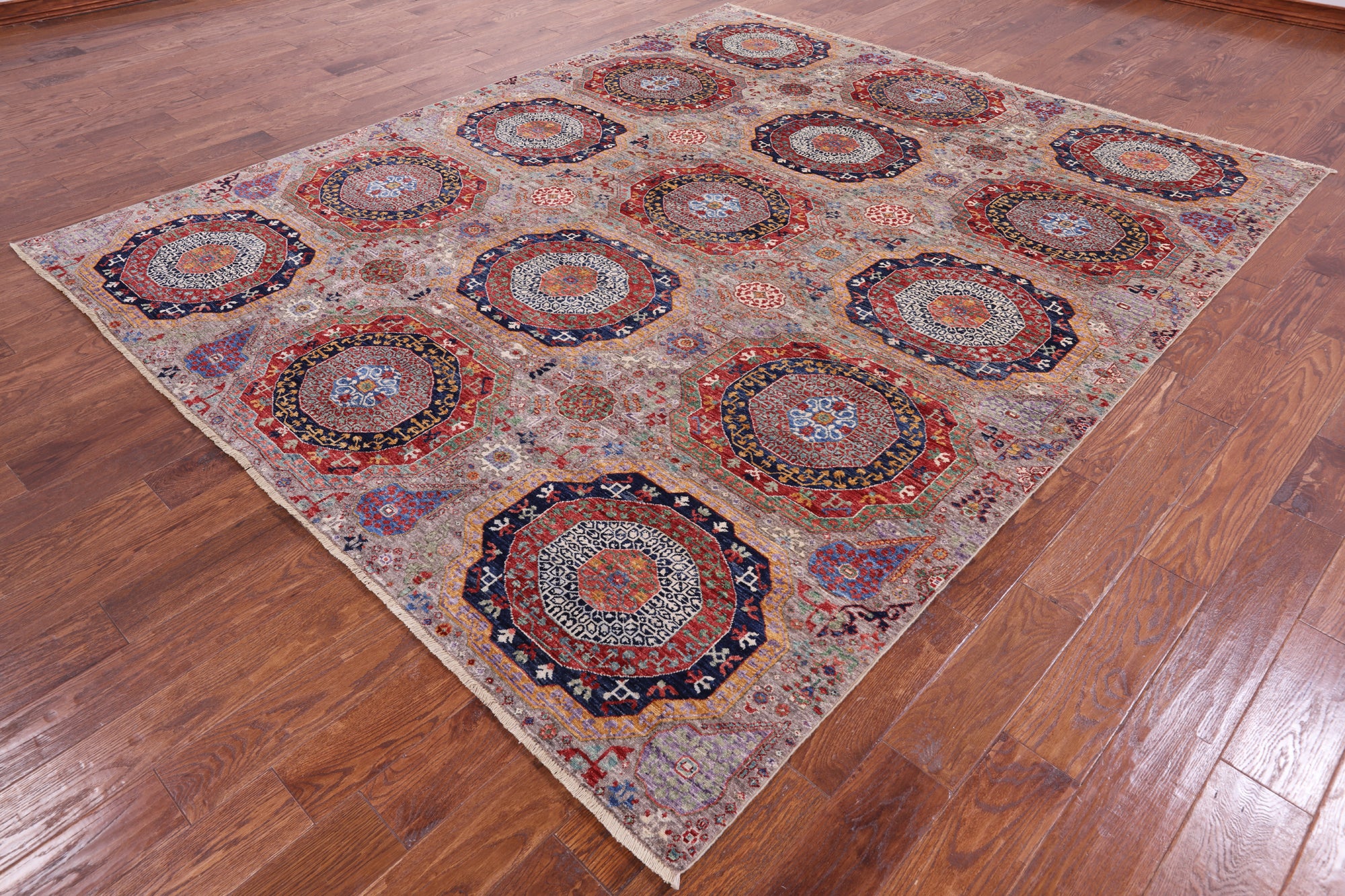 Geometric Persian Mamluk Hand Knotted Wool Rug - 8' 1" X 9' 7" - Golden Nile
