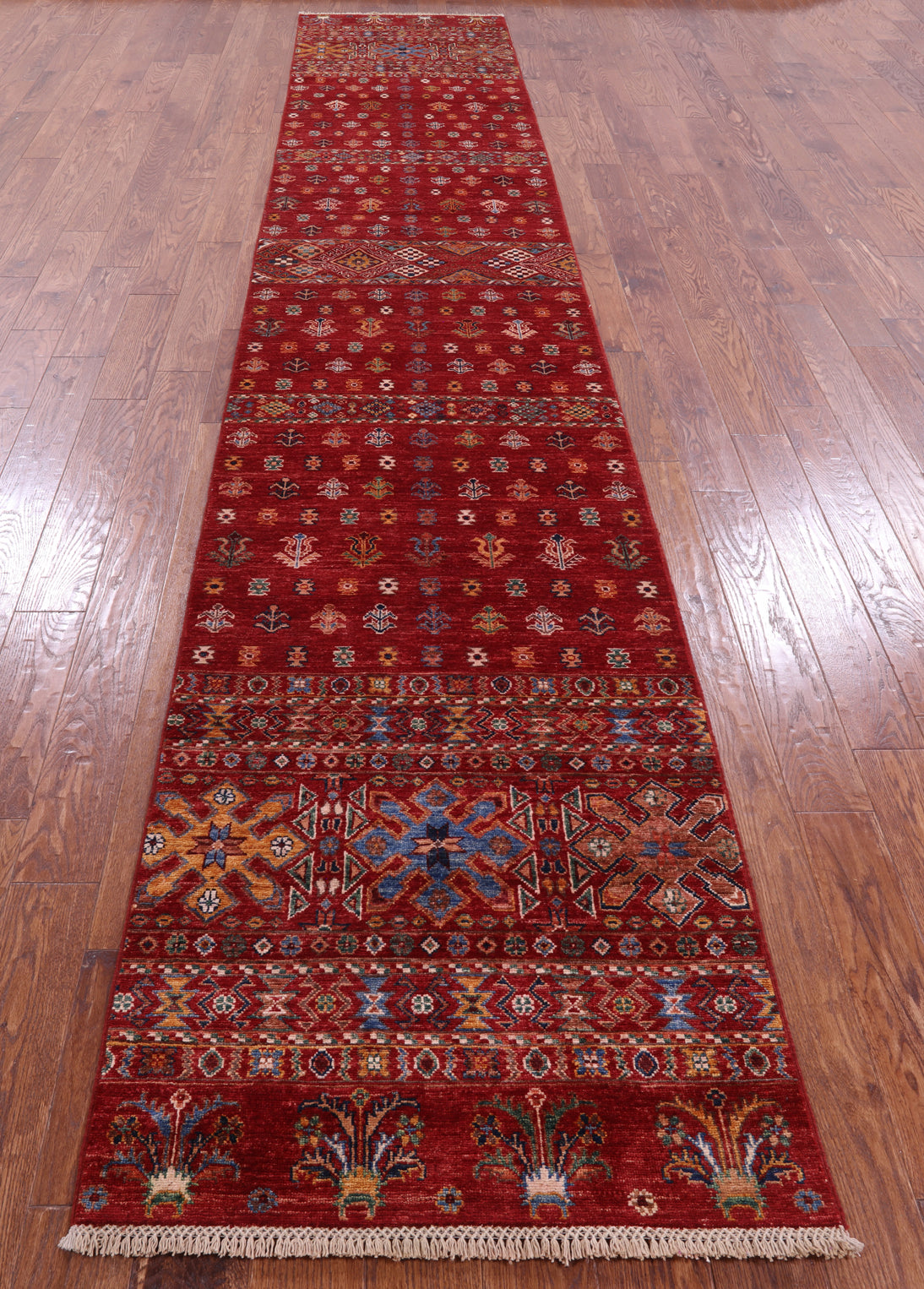 Red Khorjin Persian Gabbeh Hand Knotted Wool Runner Rug - 2' 11" X 15' 8" - Golden Nile