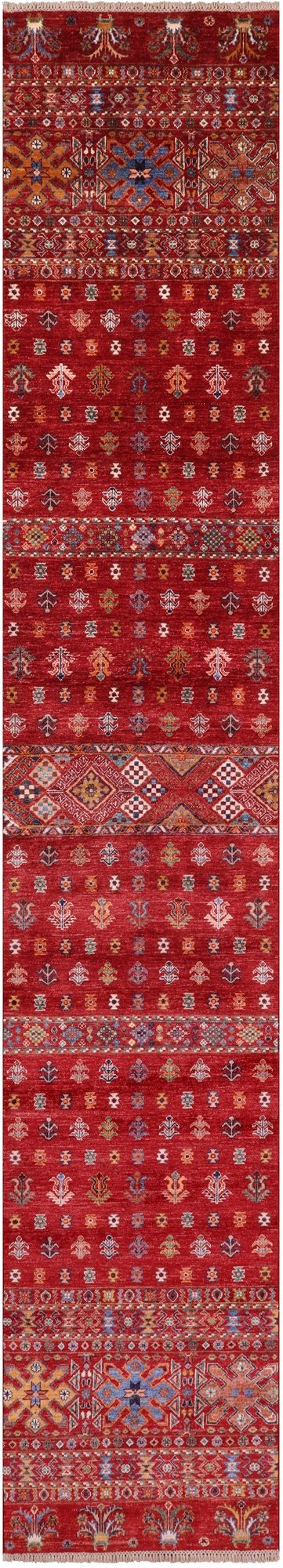 Red Khorjin Persian Gabbeh Hand Knotted Wool Runner Rug - 2' 11" X 15' 8" - Golden Nile