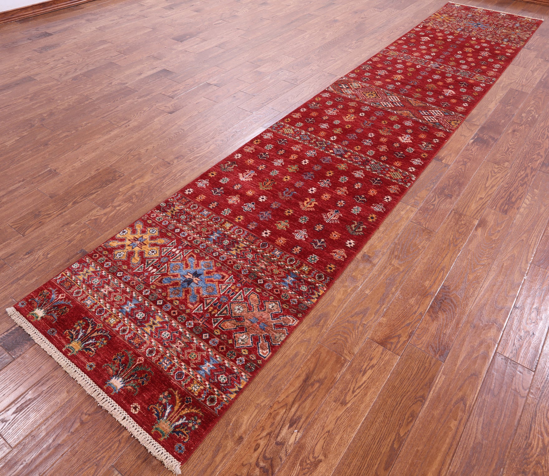 Red Khorjin Persian Gabbeh Hand Knotted Wool Runner Rug - 2' 11" X 15' 8" - Golden Nile