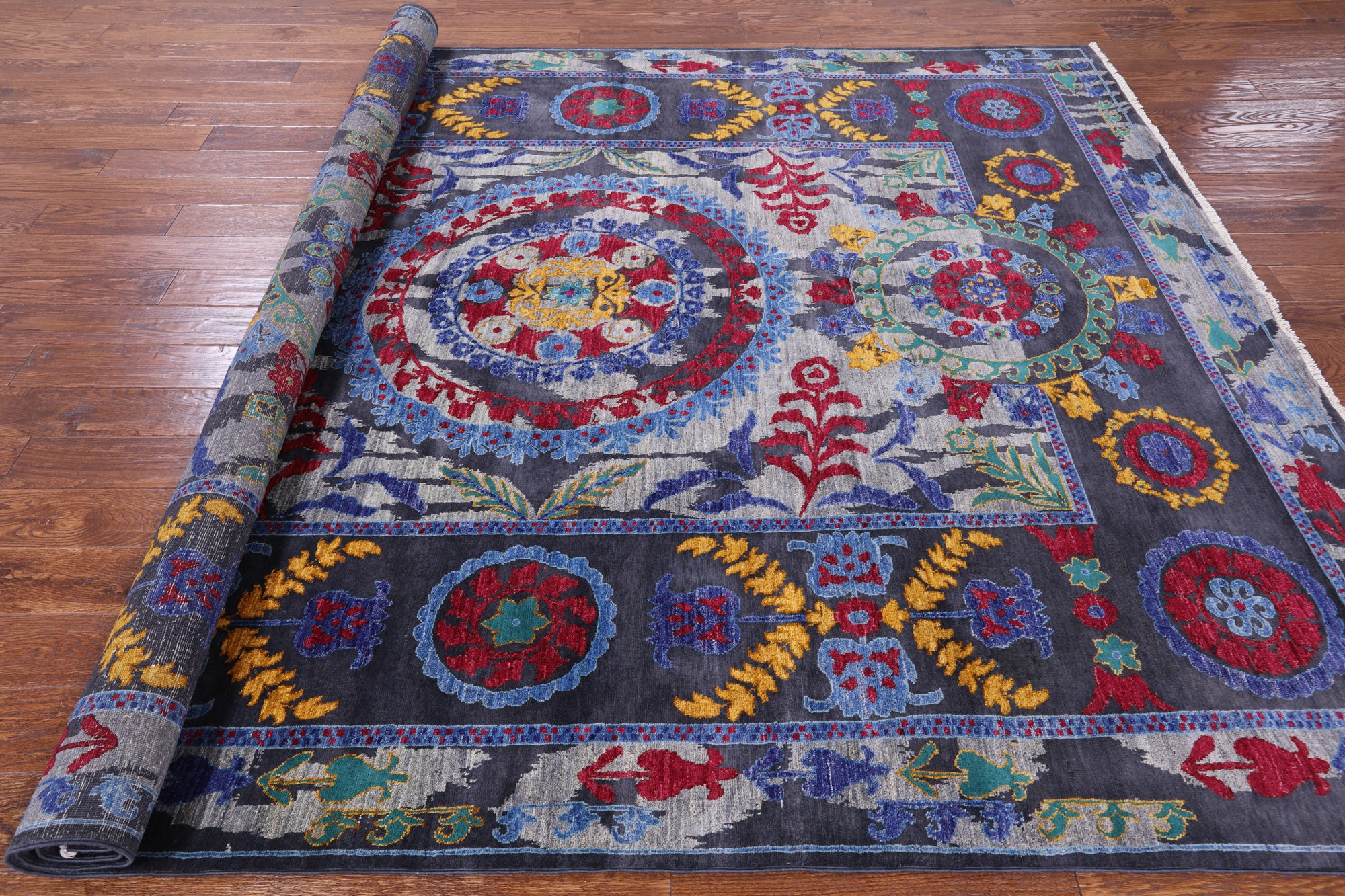 Grey William Morris Handmade Wool Rug - 8' 0" X 9' 10" - Golden Nile