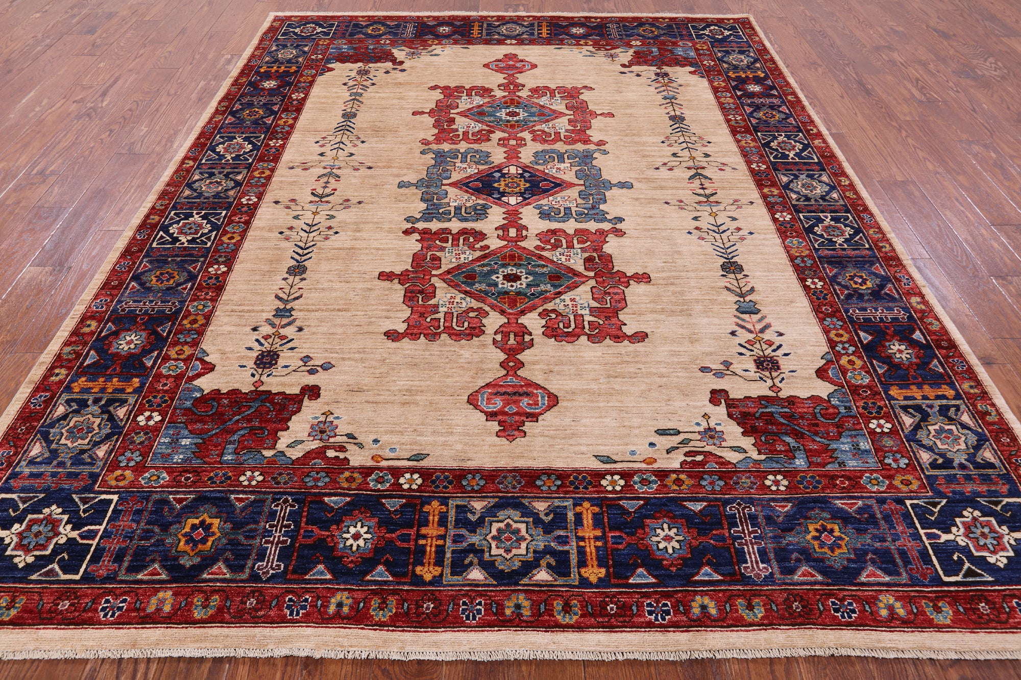 Ivory Persian Fine Serapi Hand Knotted Wool Rug - 7' 10" X 9' 9" - Golden Nile