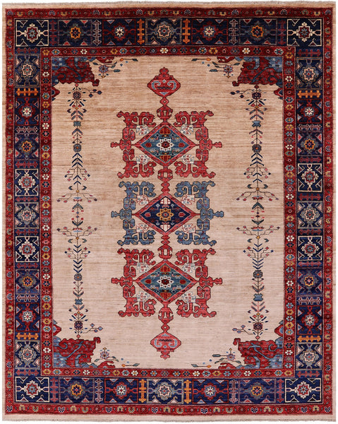 Ivory Persian Fine Serapi Hand Knotted Wool Rug - 7' 10" X 9' 9" - Golden Nile