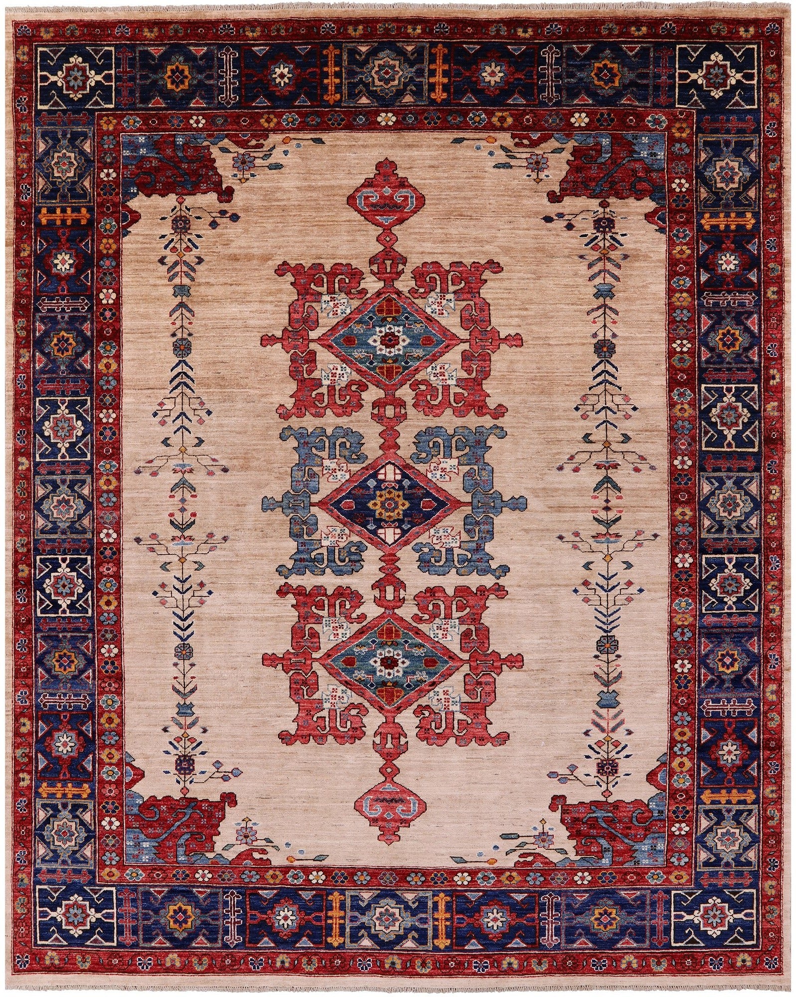 Ivory Persian Fine Serapi Hand Knotted Wool Rug - 7' 10" X 9' 9" - Golden Nile
