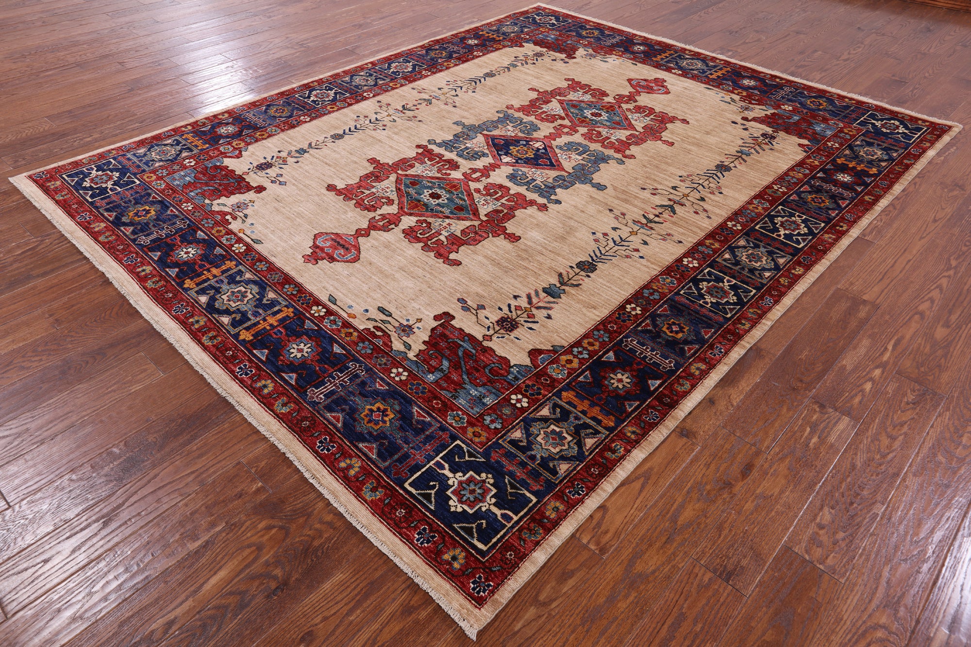 Ivory Persian Fine Serapi Hand Knotted Wool Rug - 7' 10" X 9' 9" - Golden Nile