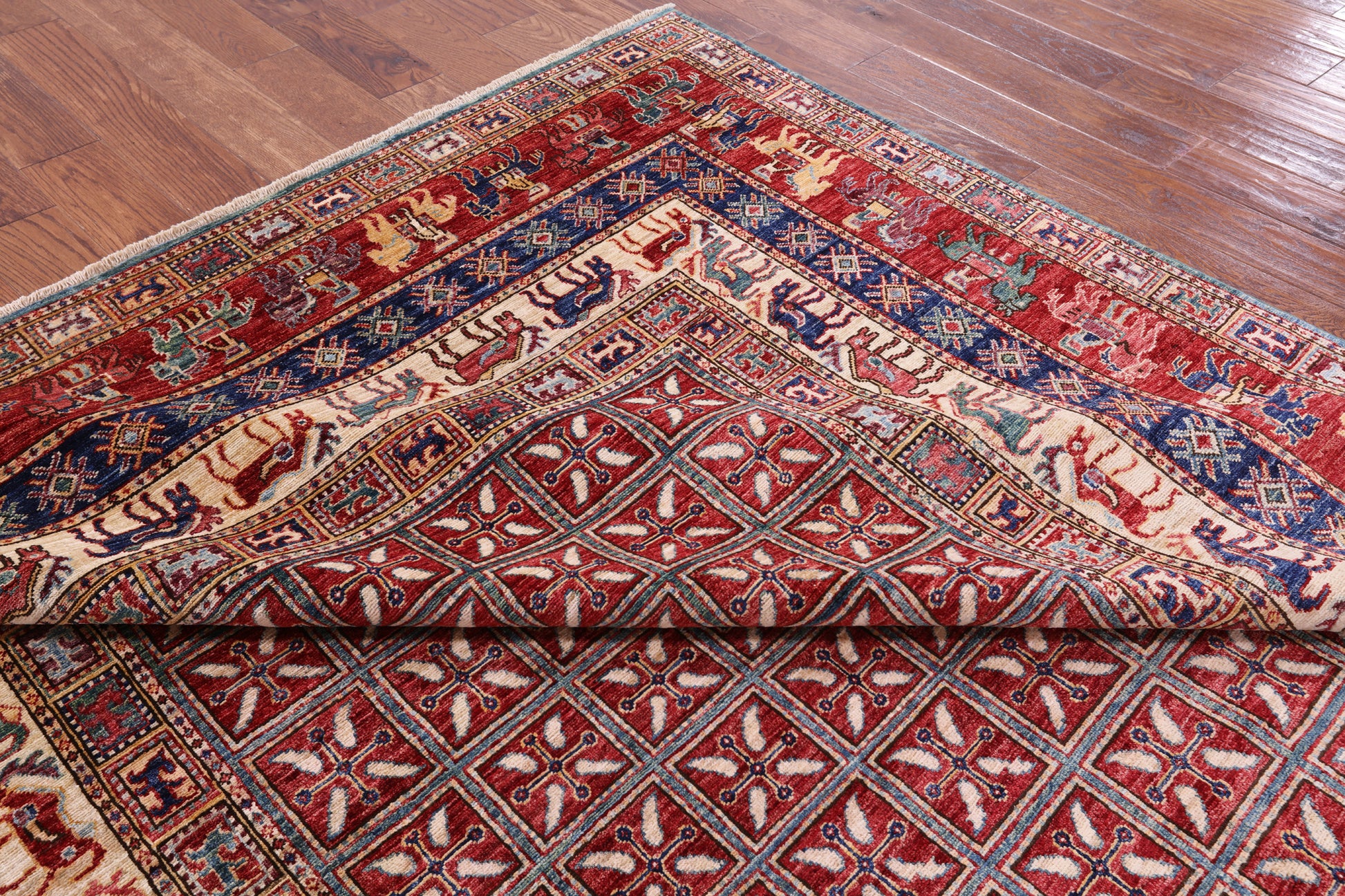 Antiqued Pazyryk Historical Design Hand Knotted Wool Rug - 8' 0" X 9' 7" - Golden Nile