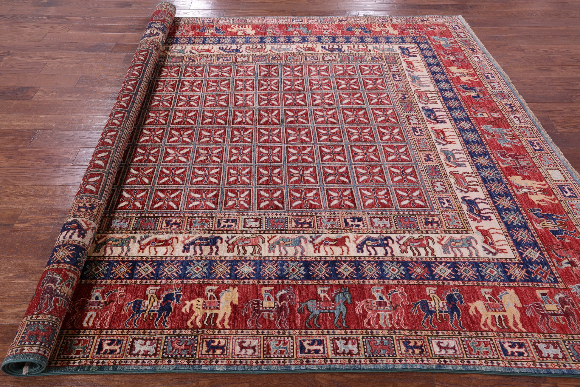Antiqued Pazyryk Historical Design Hand Knotted Wool Rug - 8' 0" X 9' 7" - Golden Nile