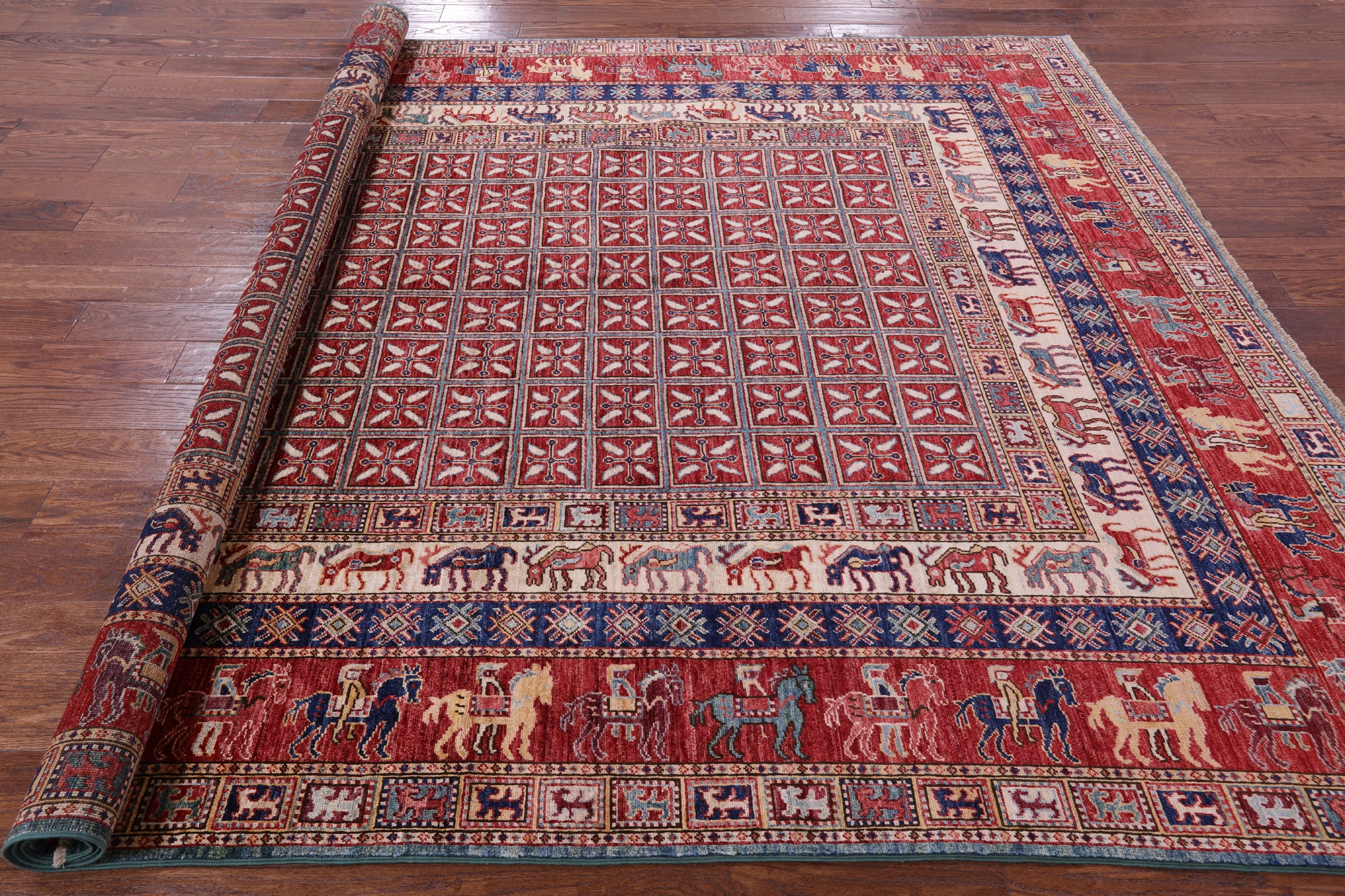 Antiqued Pazyryk Historical Design Hand Knotted Wool Rug - 8' 0" X 9' 7" - Golden Nile