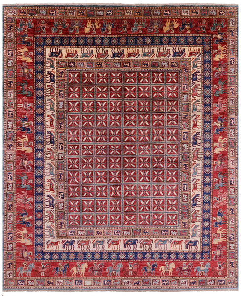 Antiqued Pazyryk Historical Design Hand Knotted Wool Rug - 8' 0" X 9' 7" - Golden Nile