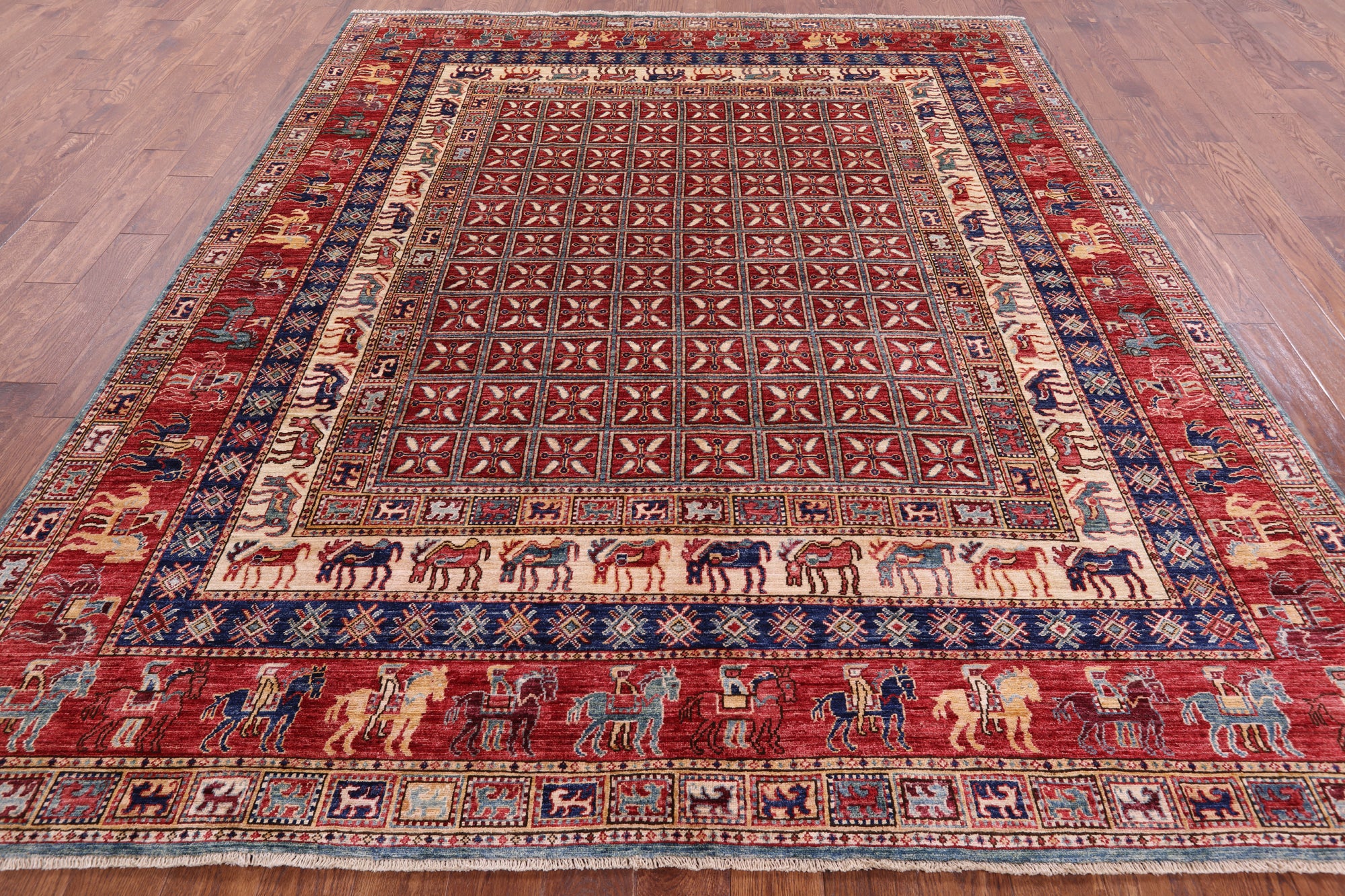 Antiqued Pazyryk Historical Design Hand Knotted Wool Rug - 8' 0" X 9' 7" - Golden Nile