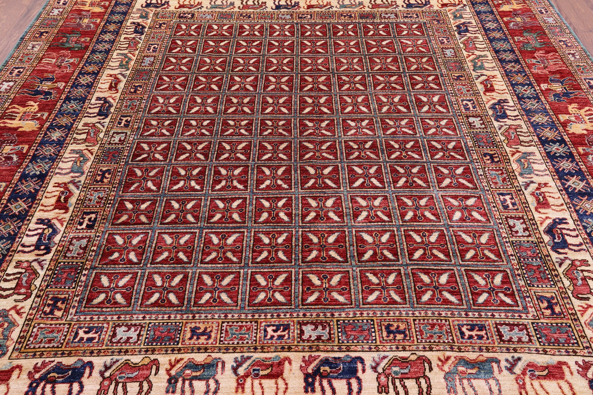 Antiqued Pazyryk Historical Design Hand Knotted Wool Rug - 8' 0" X 9' 7" - Golden Nile