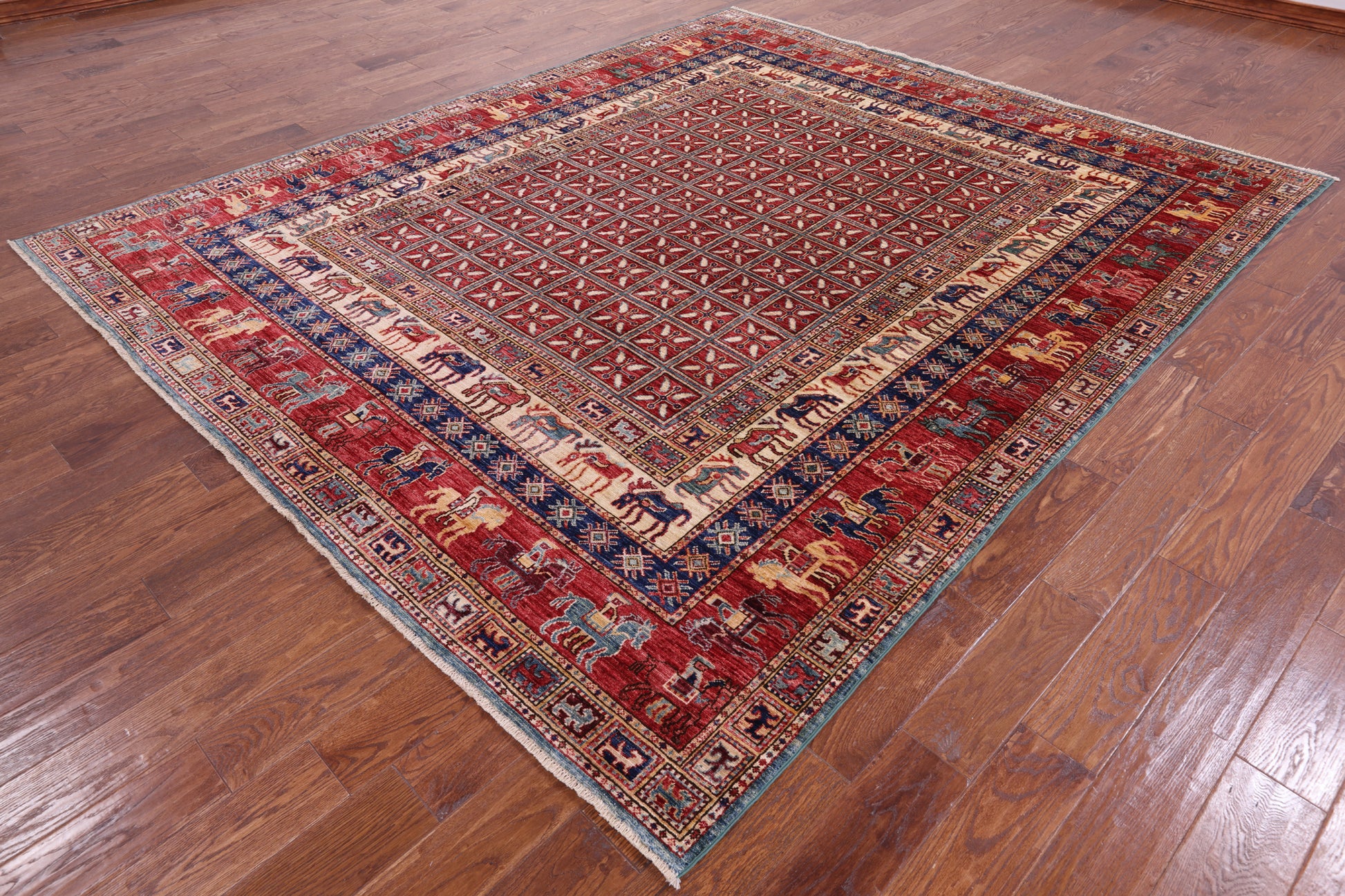 Antiqued Pazyryk Historical Design Hand Knotted Wool Rug - 8' 0" X 9' 7" - Golden Nile