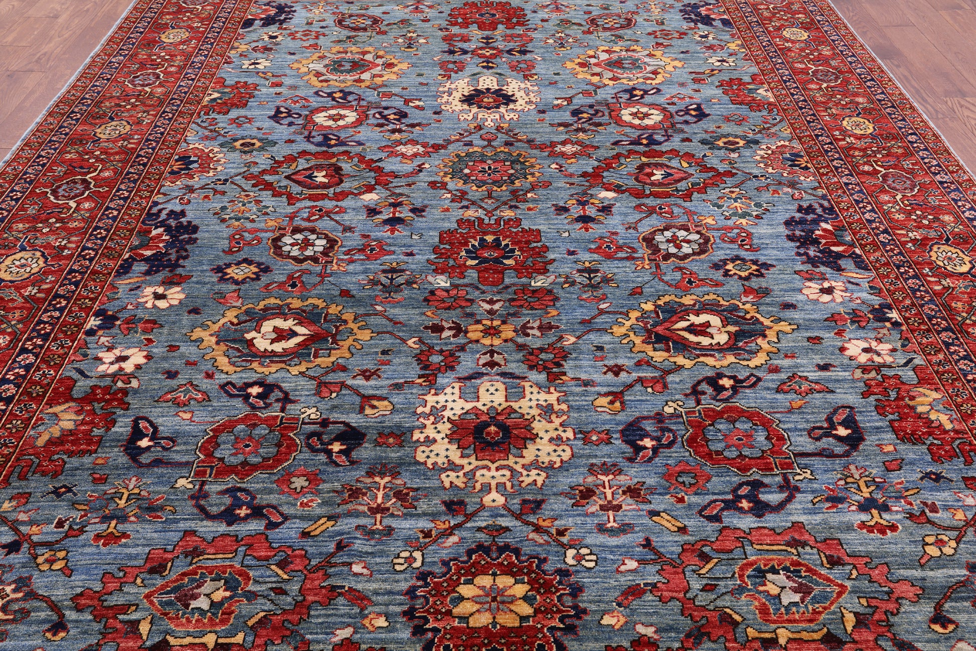 Blue Persian Fine Serapi Hand Knotted Wool Rug - 8' 11" X 11' 10" - Golden Nile