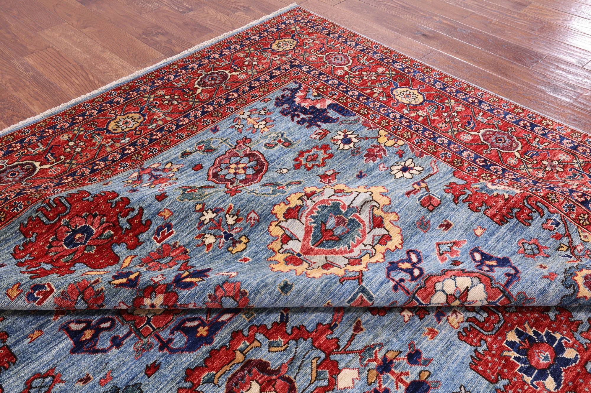 Blue Persian Fine Serapi Hand Knotted Wool Rug - 8' 11" X 11' 10" - Golden Nile