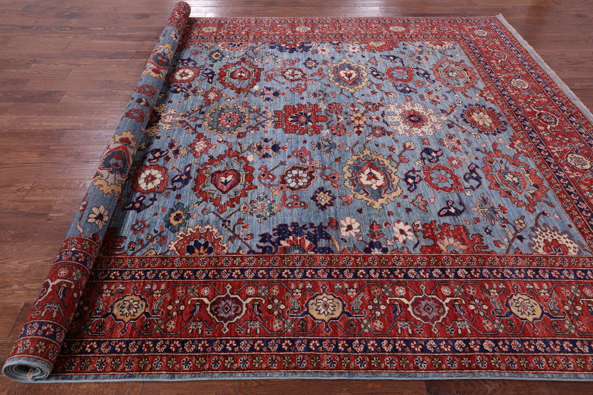 Blue Persian Fine Serapi Hand Knotted Wool Rug - 8' 11" X 11' 10" - Golden Nile