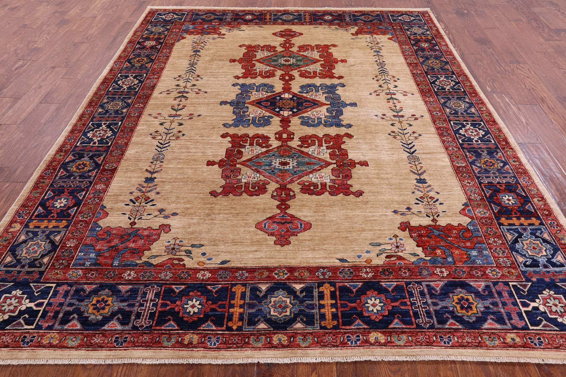 Ivory Persian Fine Serapi Hand Knotted Wool Rug - 7' 10" X 9' 6" - Golden Nile