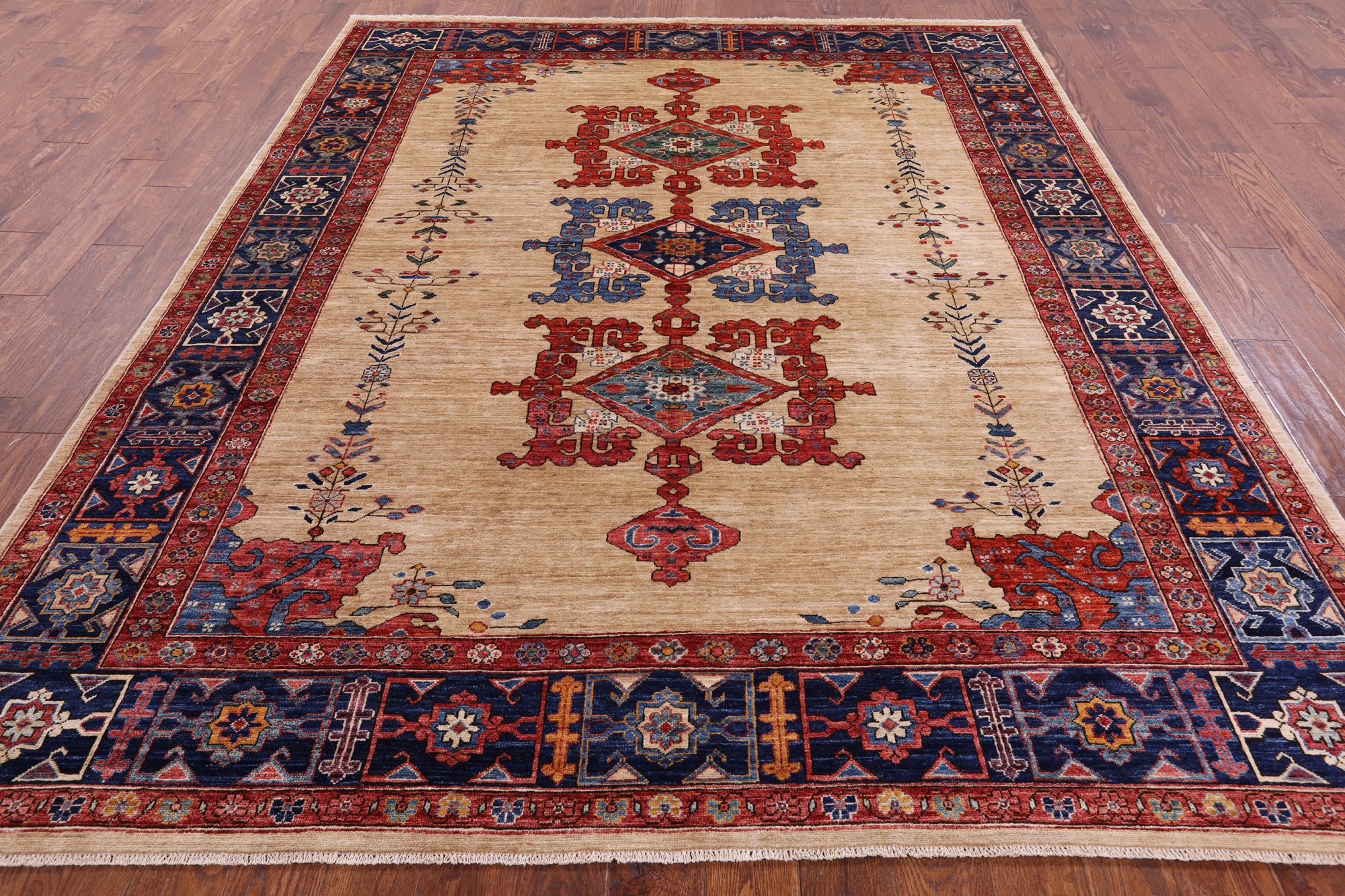 Ivory Persian Fine Serapi Hand Knotted Wool Rug - 7' 10" X 9' 6" - Golden Nile