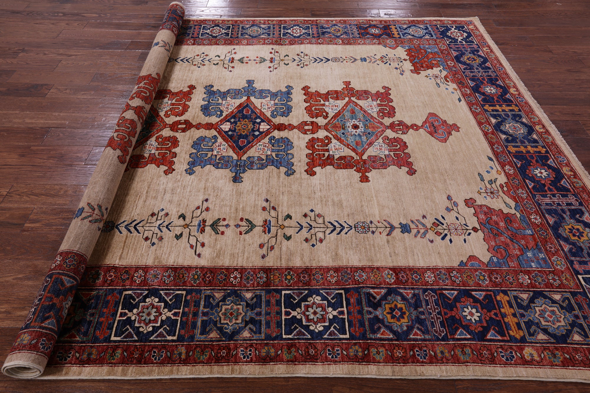 Ivory Persian Fine Serapi Hand Knotted Wool Rug - 7' 10" X 9' 6" - Golden Nile