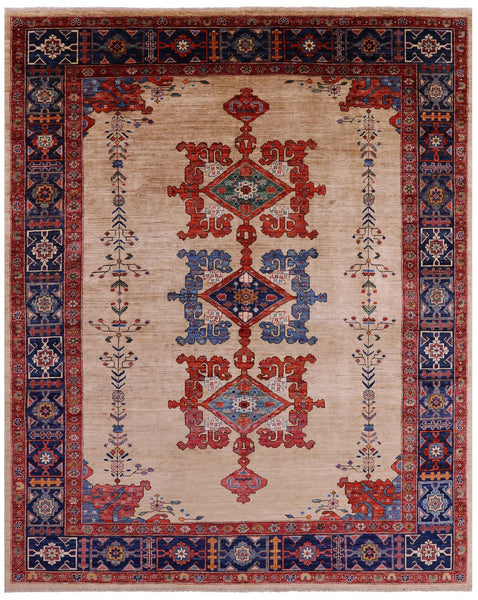 Ivory Persian Fine Serapi Hand Knotted Wool Rug - 7' 10" X 9' 6" - Golden Nile