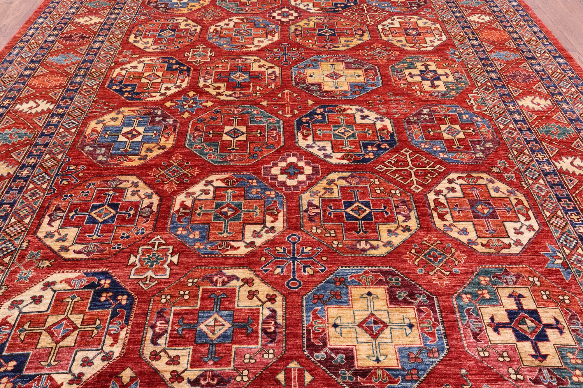 Red Turkmen Ersari Hand Knotted Wool Rug - 9' 8" X 13' 9" - Golden Nile