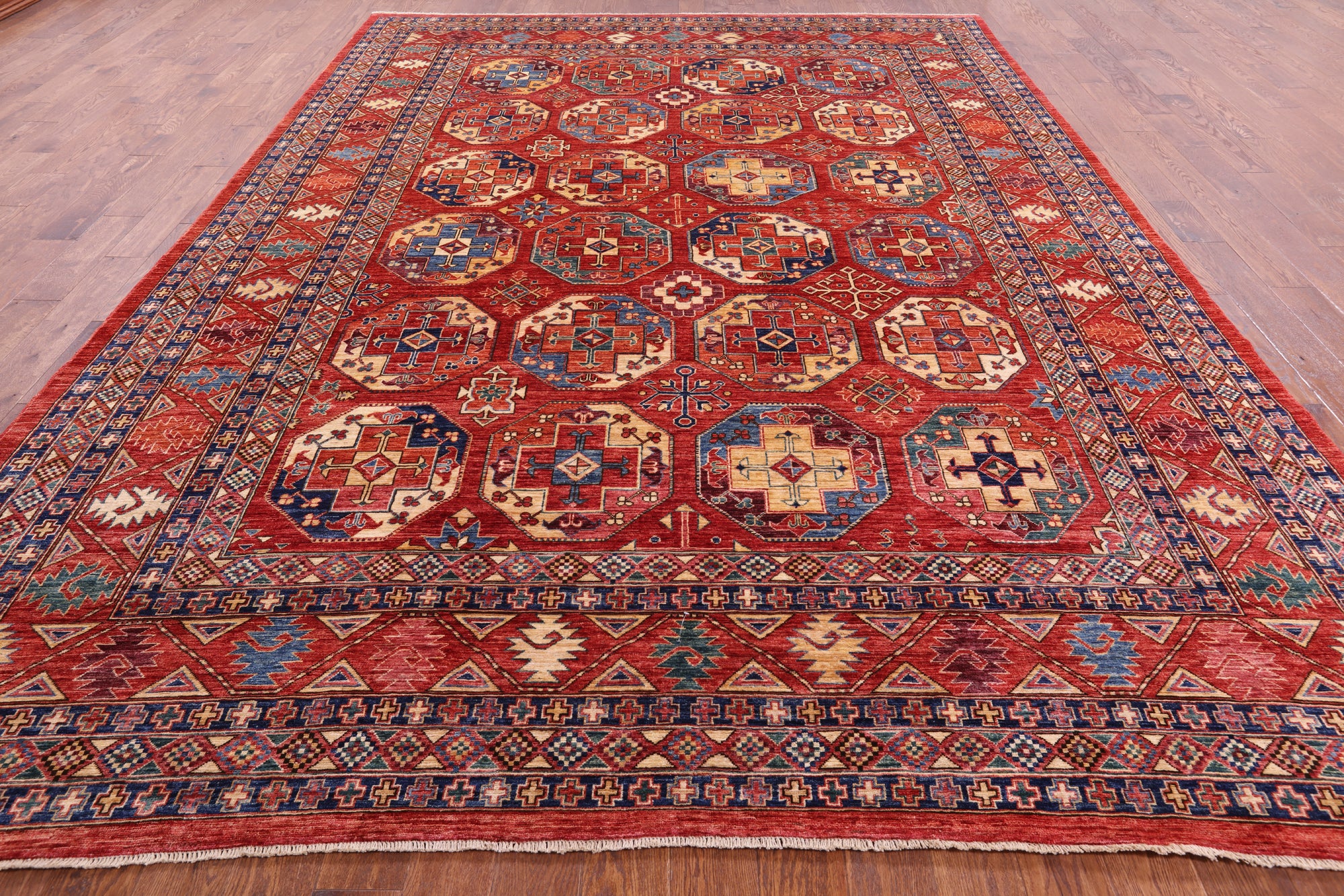 Red Turkmen Ersari Hand Knotted Wool Rug - 9' 8" X 13' 9" - Golden Nile