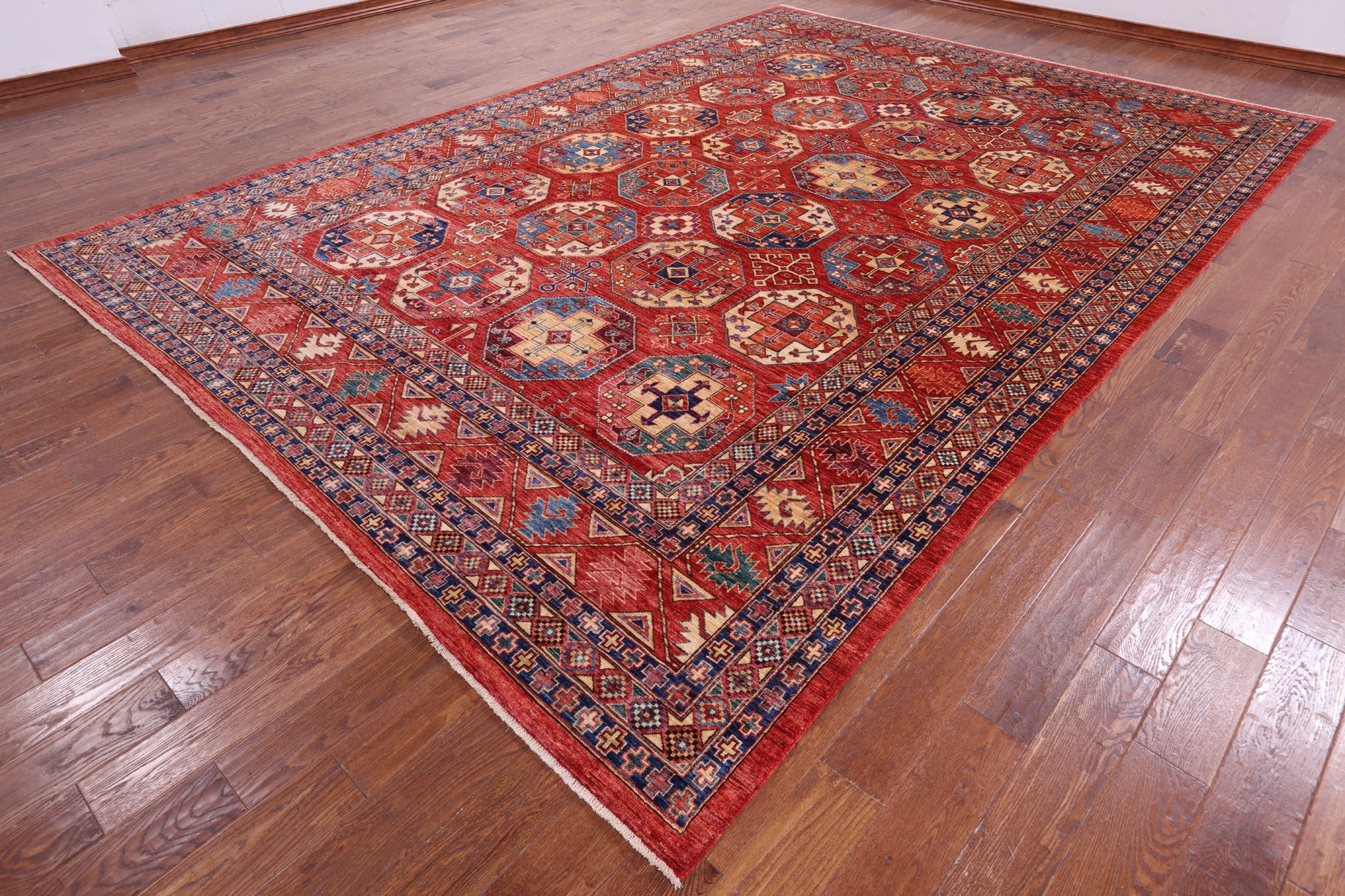 Red Turkmen Ersari Hand Knotted Wool Rug - 9' 8" X 13' 9" - Golden Nile