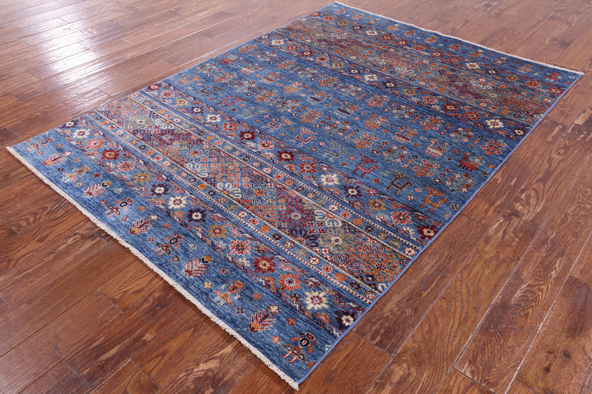 Blue Tribal Persian Gabbeh Handmade Wool Rug - 4' 11" X 6' 9" - Golden Nile