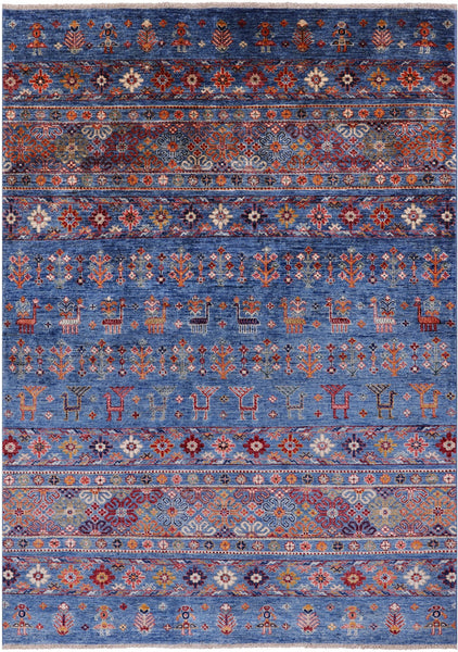 Blue Tribal Persian Gabbeh Handmade Wool Rug - 4' 11" X 6' 9" - Golden Nile