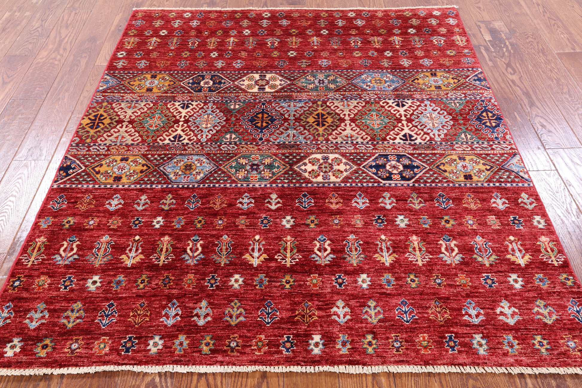 Red Khorjin Persian Gabbeh Hand Knotted Wool Rug - 5' 0" X 5' 9" - Golden Nile