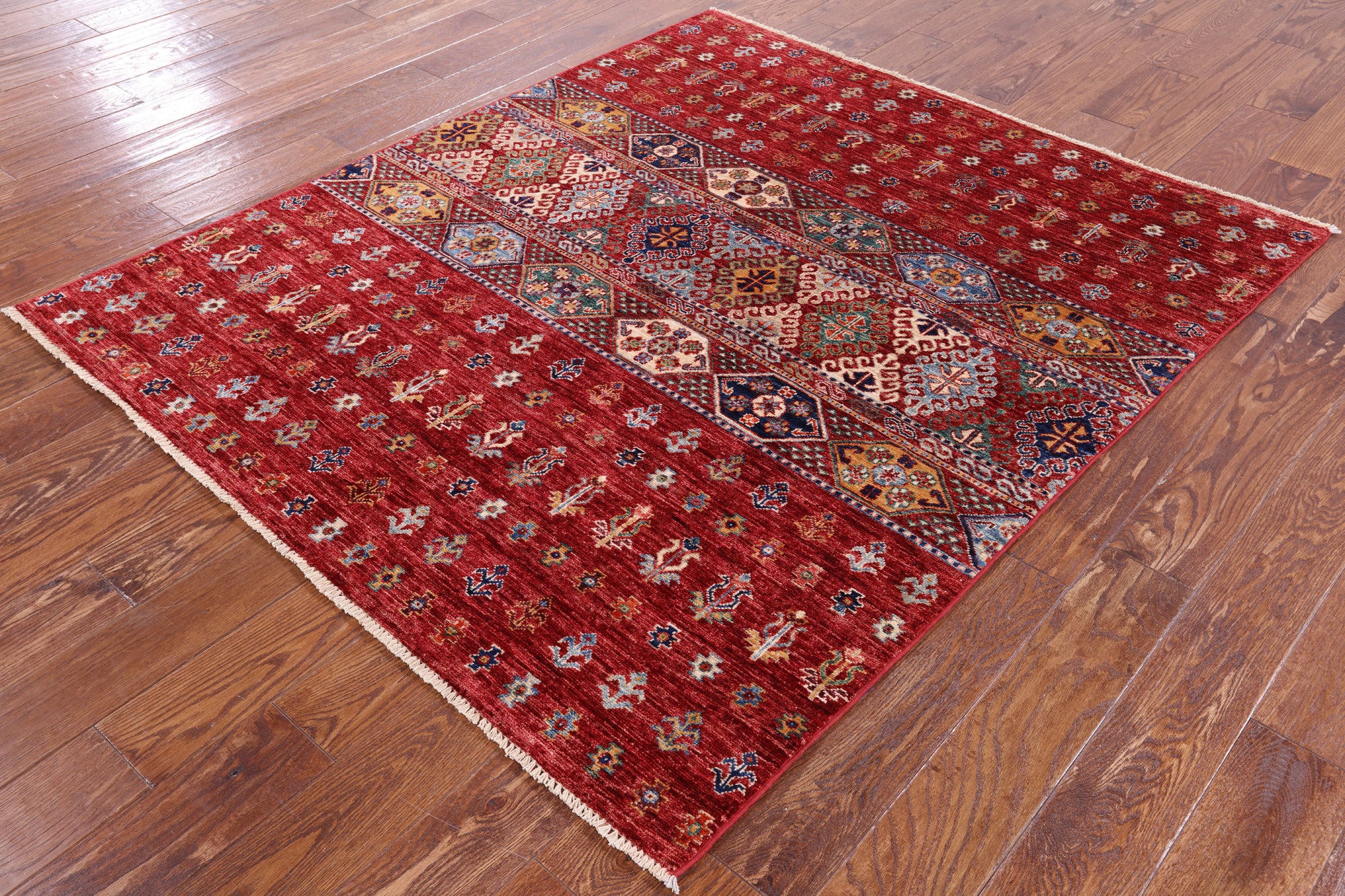 Red Khorjin Persian Gabbeh Hand Knotted Wool Rug - 5' 0" X 5' 9" - Golden Nile