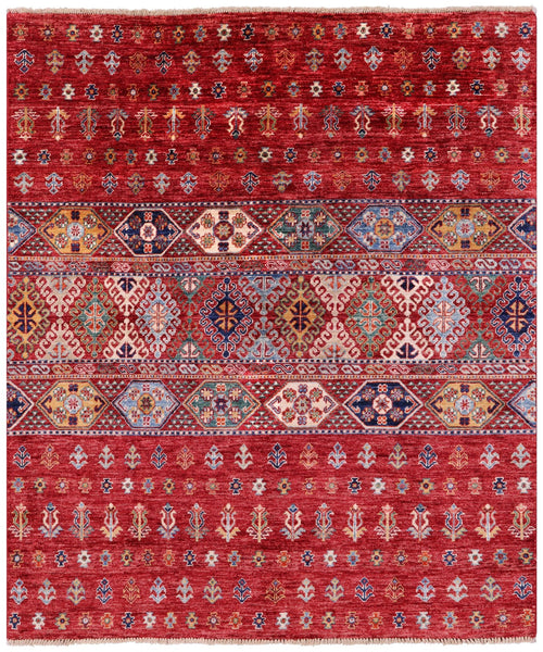 Red Khorjin Persian Gabbeh Hand Knotted Wool Rug - 5' 0" X 5' 9" - Golden Nile