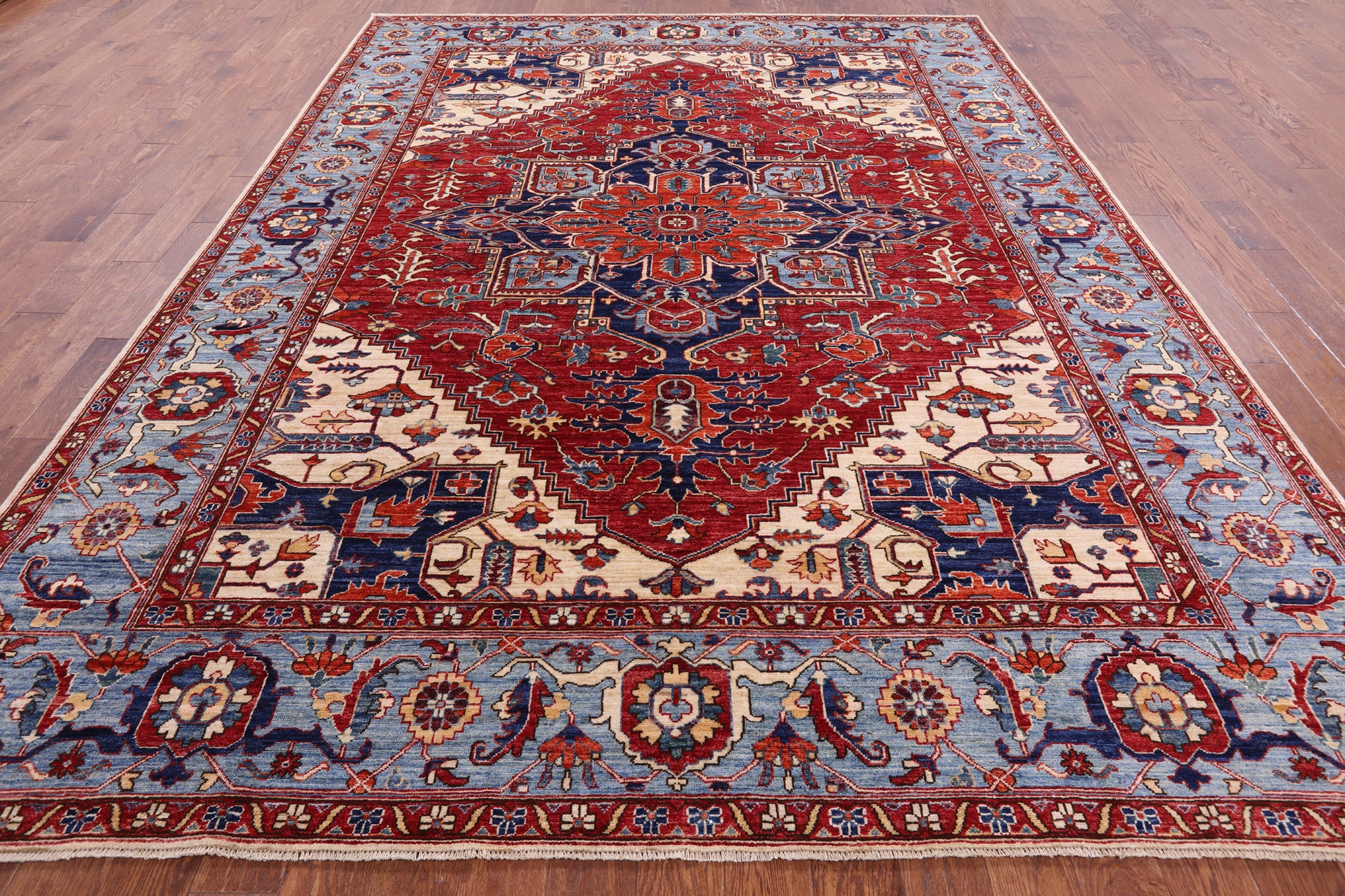 Red Persian Fine Serapi Hand Knotted Wool Rug - 8' 11" X 11' 9" - Golden Nile