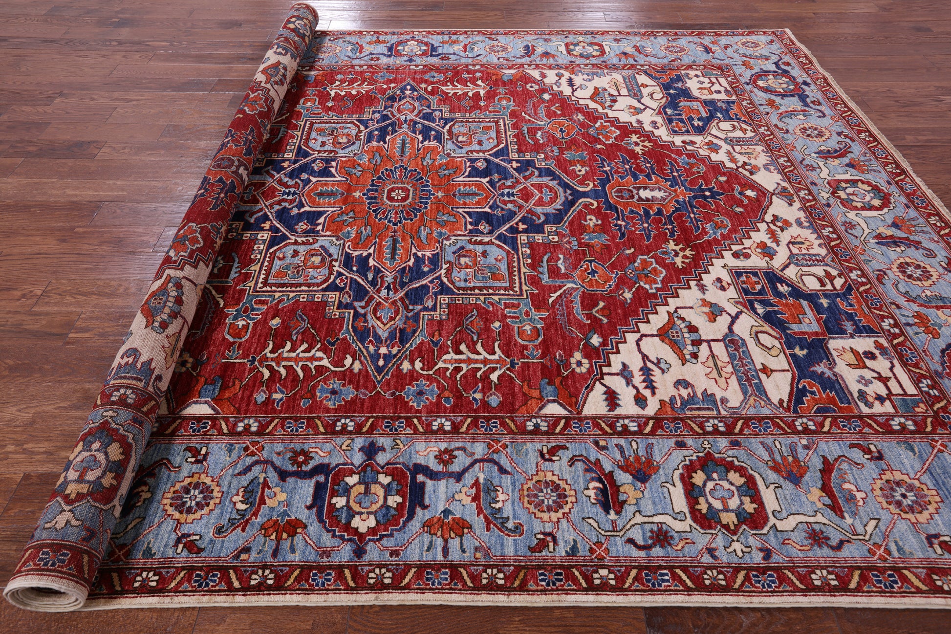 Red Persian Fine Serapi Hand Knotted Wool Rug - 8' 11" X 11' 9" - Golden Nile
