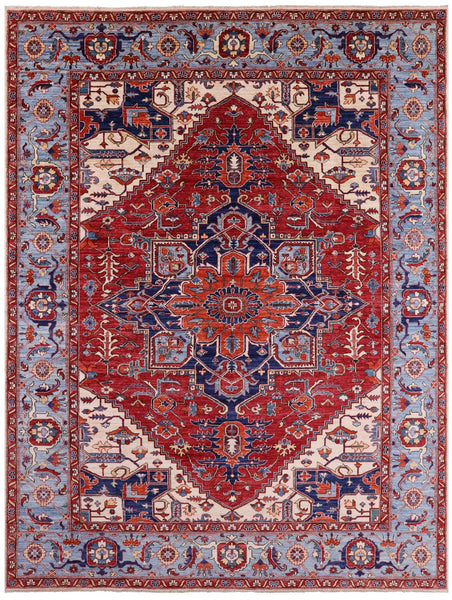 Red Persian Fine Serapi Hand Knotted Wool Rug - 8' 11" X 11' 9" - Golden Nile