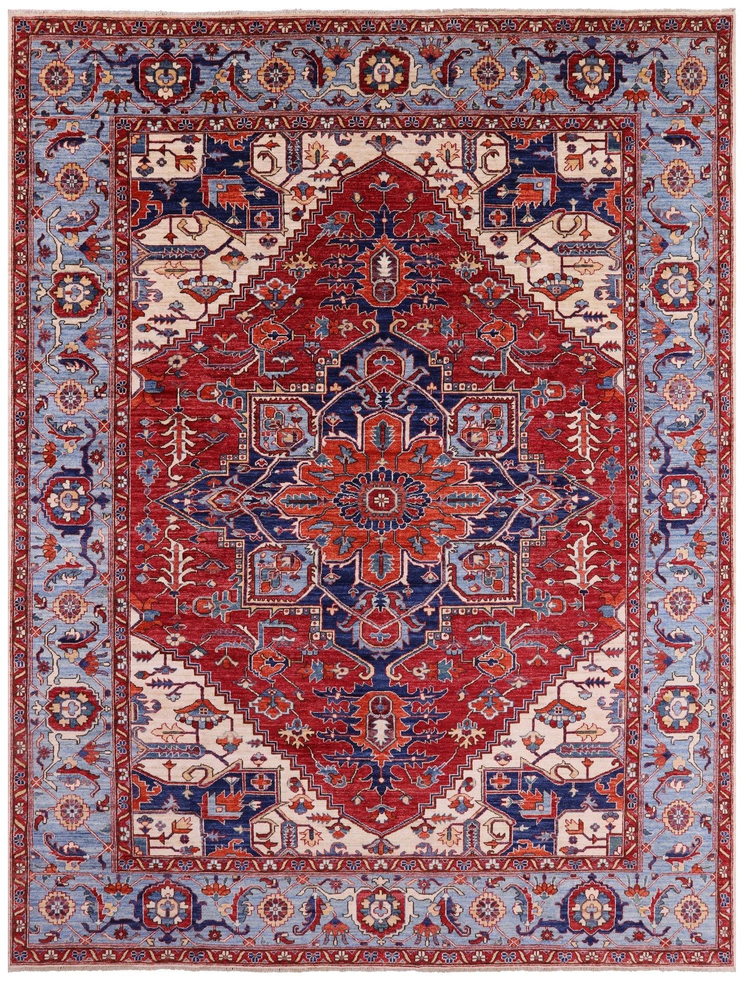 Red Persian Fine Serapi Hand Knotted Wool Rug - 8' 11" X 11' 9" - Golden Nile