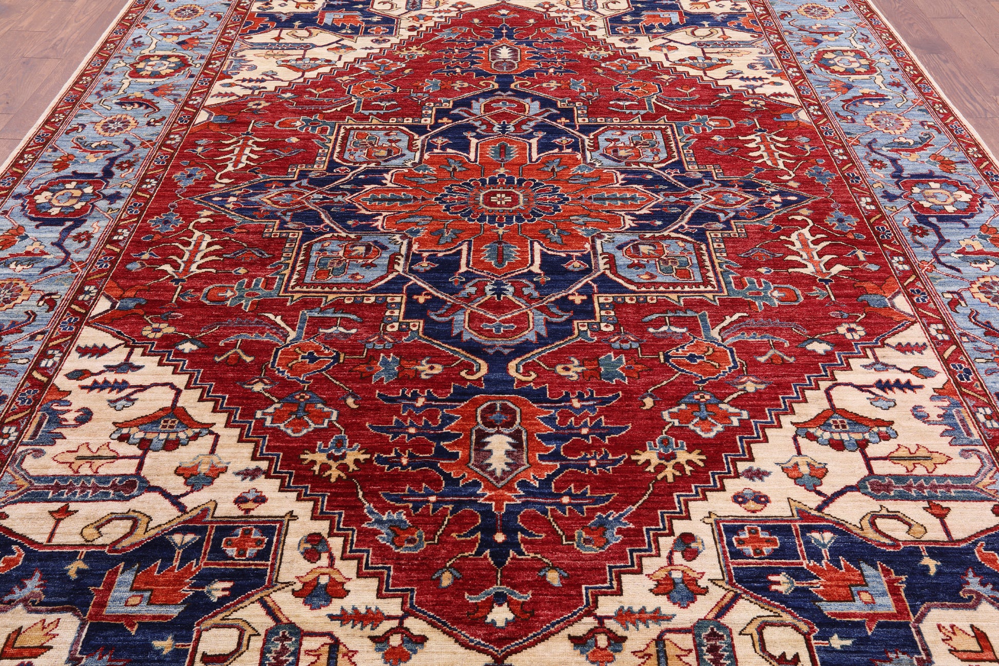 Red Persian Fine Serapi Hand Knotted Wool Rug - 8' 11" X 11' 9" - Golden Nile