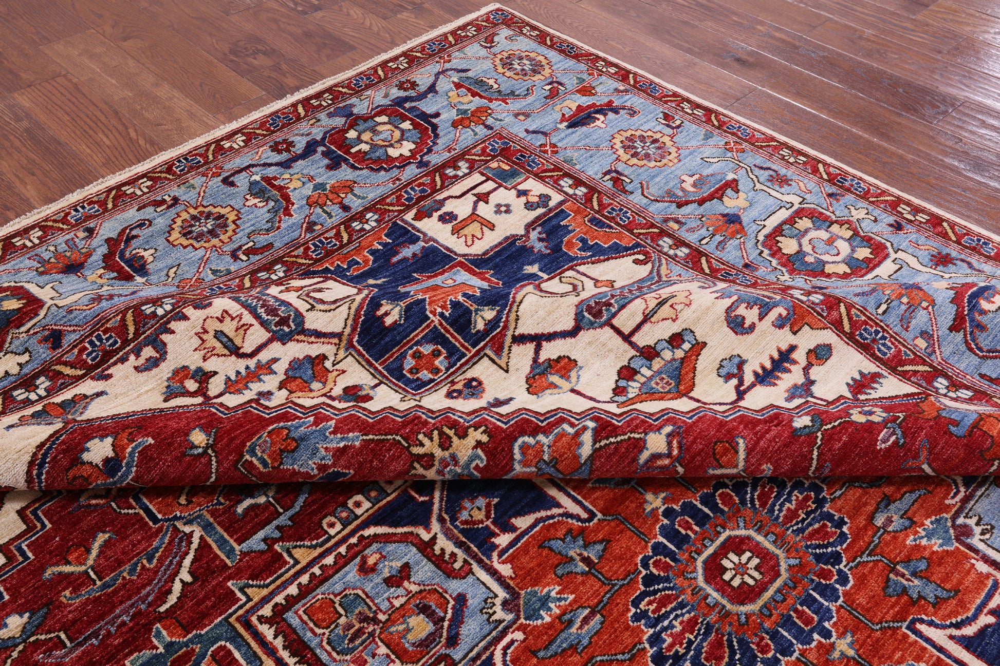 Red Persian Fine Serapi Hand Knotted Wool Rug - 8' 11" X 11' 9" - Golden Nile