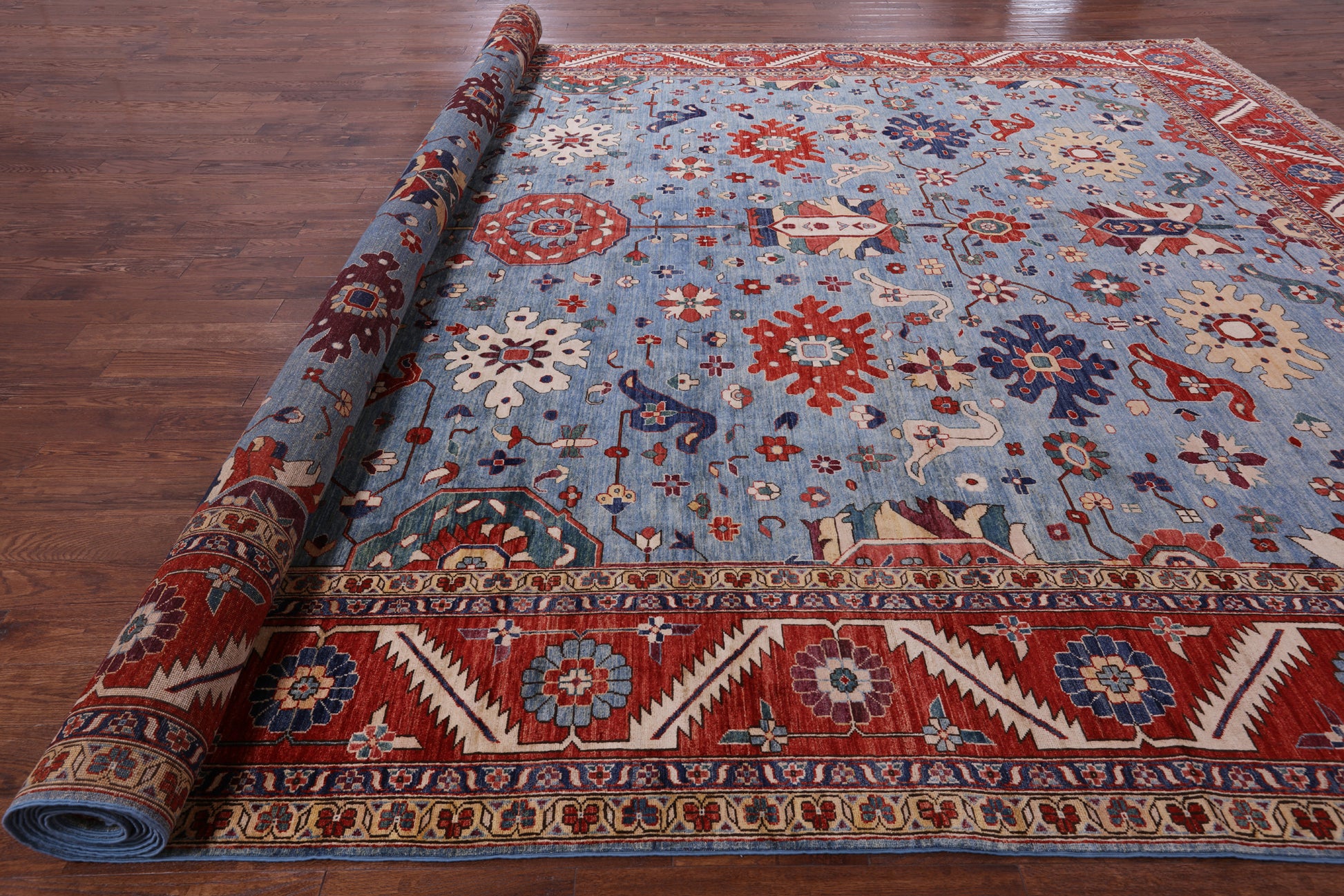 Blue Persian Fine Serapi Hand Knotted Wool Rug - 13' 8" X 22' 8" - Golden Nile