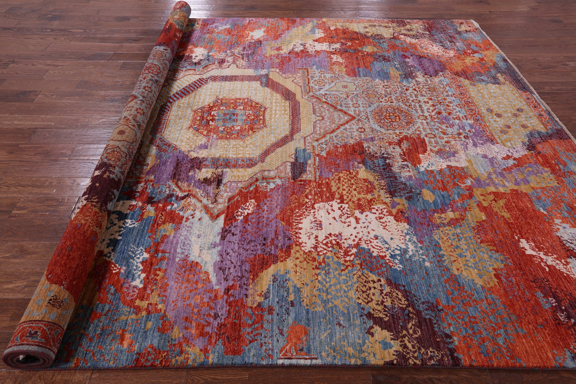 Abstract Modern Mamluk Hand Knotted Wool Rug - 9' 0" X 11' 10" - Golden Nile