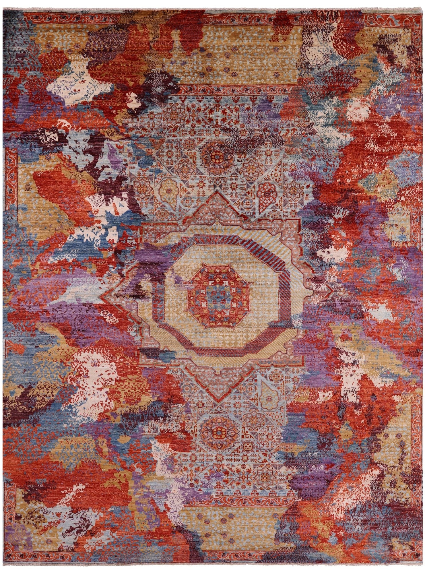 Abstract Modern Mamluk Hand Knotted Wool Rug - 9' 0" X 11' 10" - Golden Nile