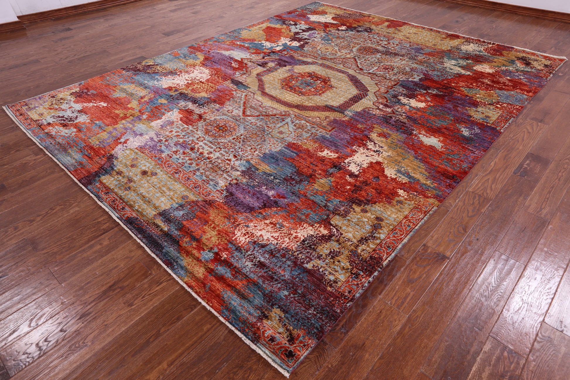 Abstract Modern Mamluk Hand Knotted Wool Rug - 9' 0" X 11' 10" - Golden Nile