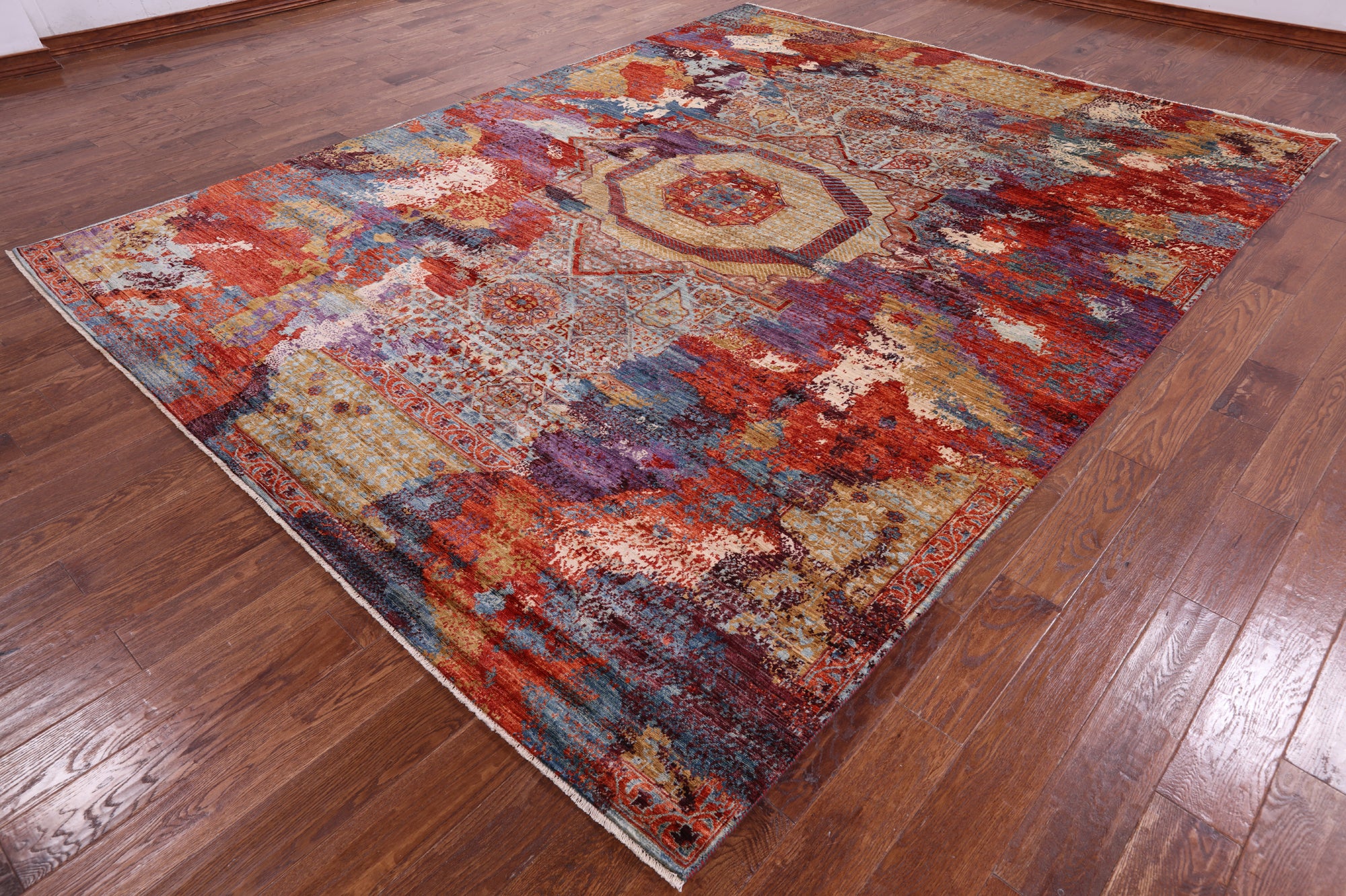 Abstract Modern Mamluk Hand Knotted Wool Rug - 9' 0" X 11' 10" - Golden Nile