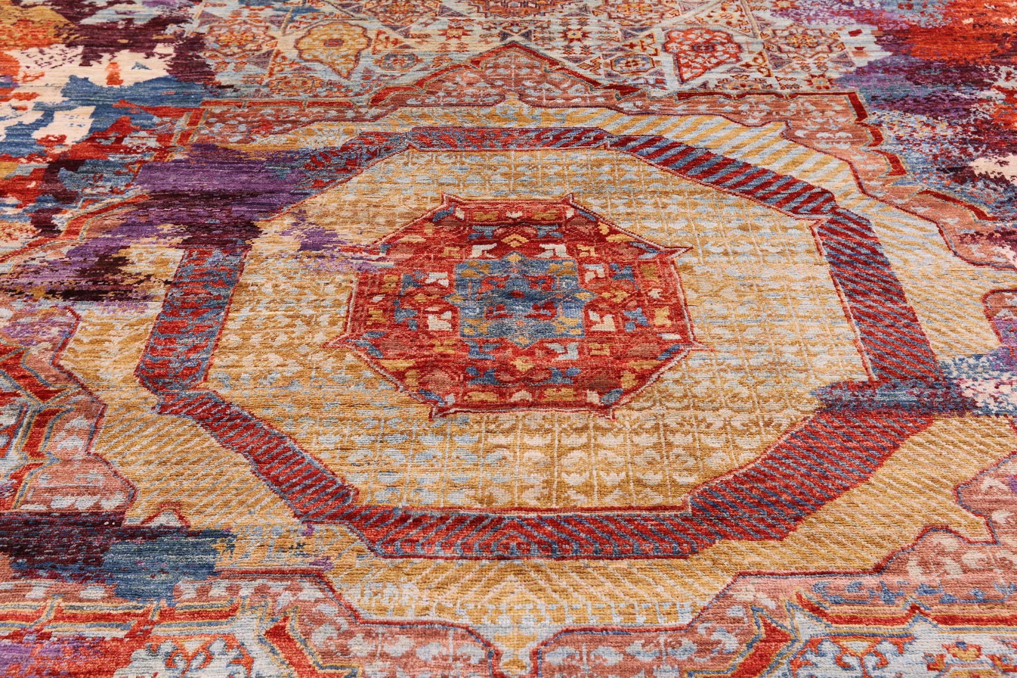 Abstract Modern Mamluk Hand Knotted Wool Rug - 9' 0" X 11' 10" - Golden Nile